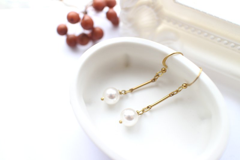 小雪-珍珠 黃銅耳環-可改夾 - 耳環/耳夾 - 銅/黃銅 多色