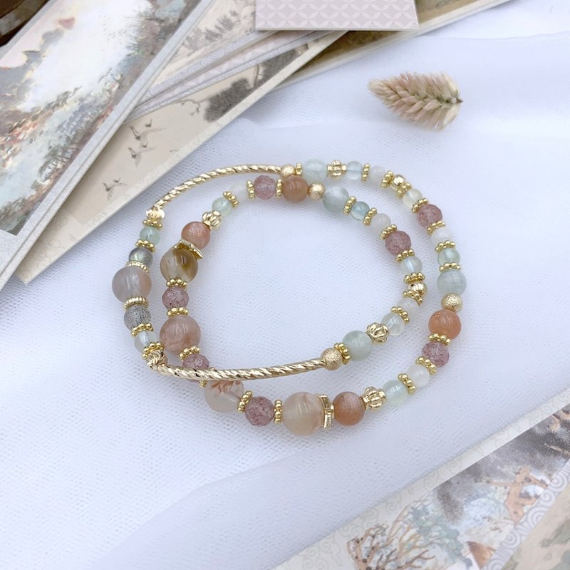 Beginning of Summer/Sakura Agate Orange Moonstone Labradorite Stone Stone Moonstone Strawberry Crystal - สร้อยข้อมือ - วัสดุอื่นๆ สีแดง