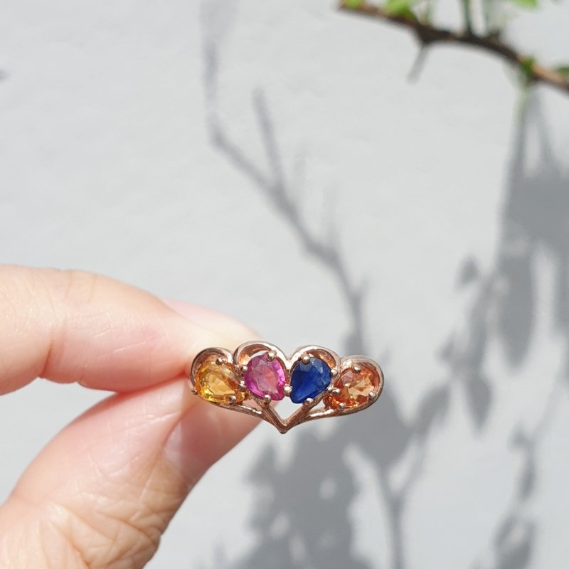 4 color sapphire ring: Yellow sapphire, Ruby, Blue sapphire, Orange sapphire - 戒指 - 寶石 多色