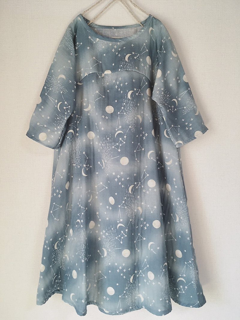 The moon and the constellation * double gauze dress * Sachs Blue - One Piece Dresses - Cotton & Hemp Blue