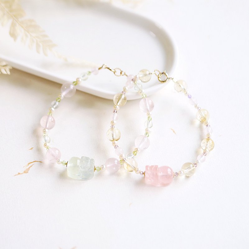 Fantasy color, fat, fat, beast, lucky, three-color, morganite, prehnite, light and sweet - สร้อยข้อมือ - เครื่องเพชรพลอย หลากหลายสี