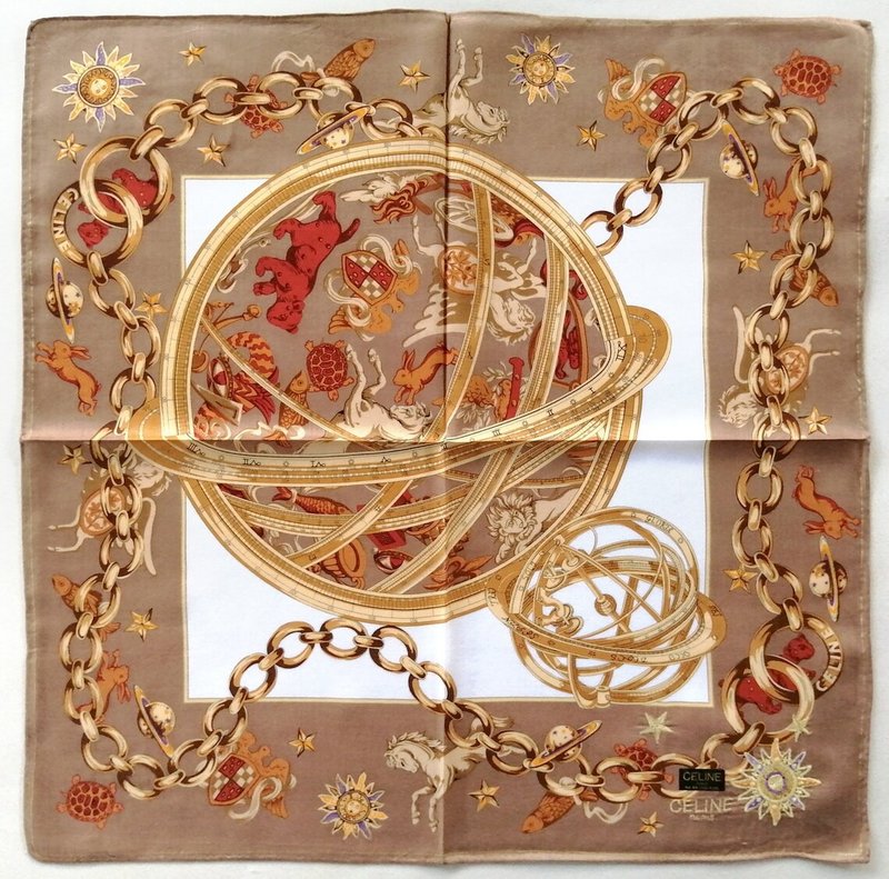 Celine Paris Vintage Handkerchief Zodiac Constellation, 21 x 21 inches - 絲巾 - 棉．麻 金色