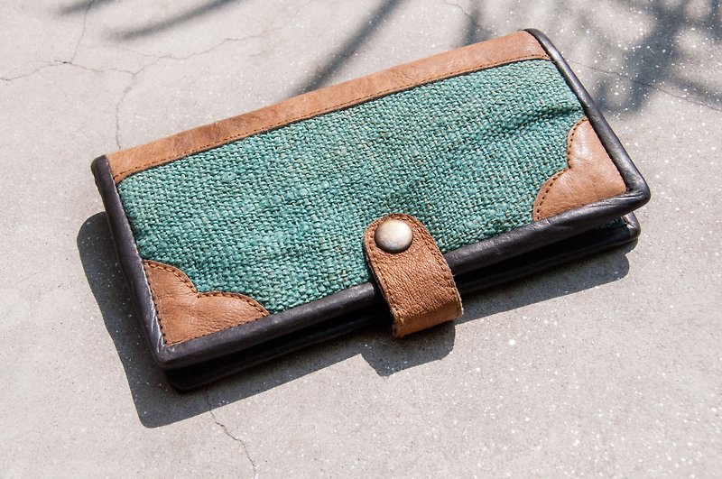 Handmade cotton and linen wallet / woven stitching leather long clip / long wallet / purse / woven wallet - green grass original - Wallets - Cotton & Hemp Green