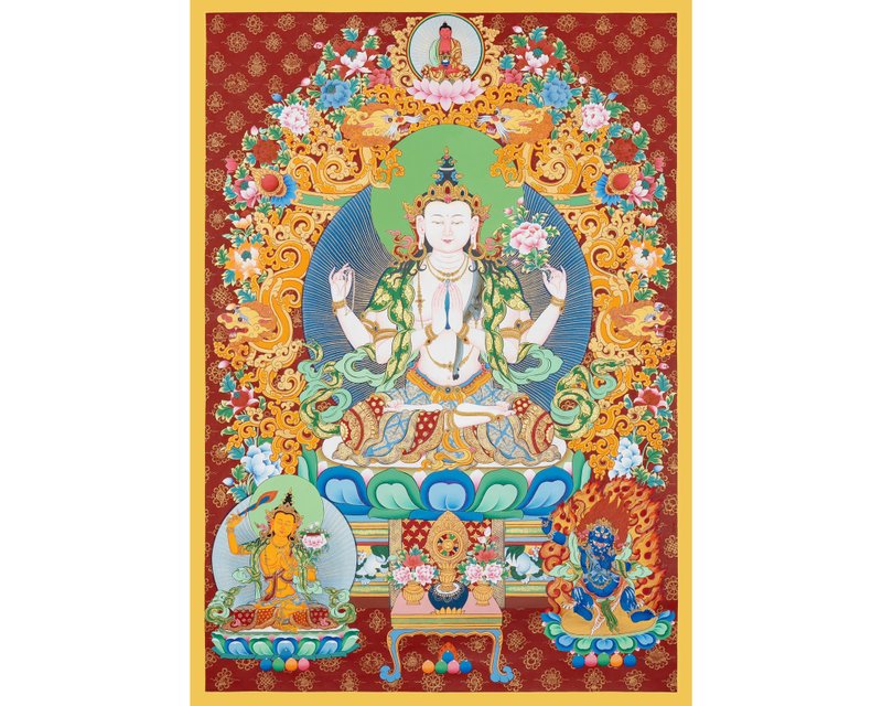 神聖的觀音唐卡 充滿活力的西藏佛畫 倫理慈悲 - 壁貼/牆壁裝飾 - 其他金屬 多色