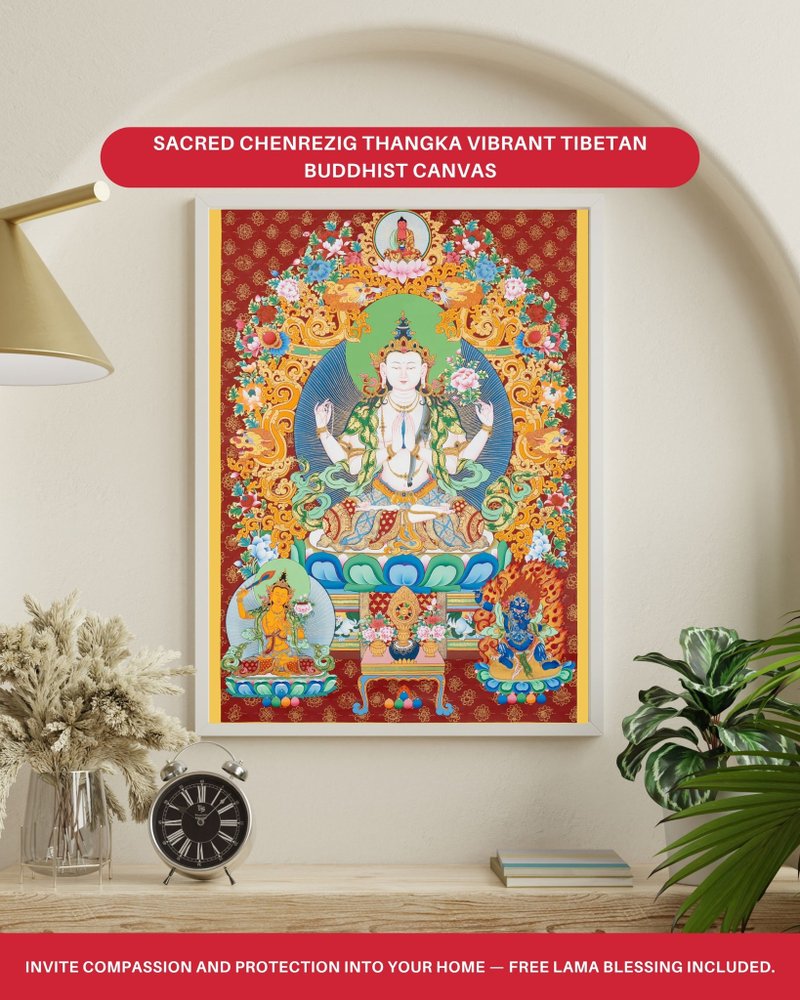 神聖的觀音唐卡 充滿活力的西藏佛畫 倫理慈悲 緬甸玉 翡翠 手鐲 - 壁貼/牆壁裝飾 - 其他金屬 多色