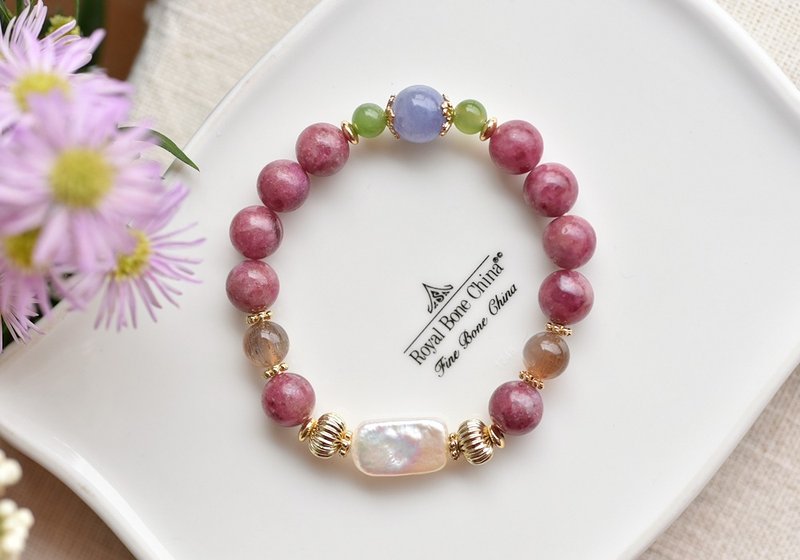 Peach tourmaline + pearl + tanzanite + cat's eye sunstone Stone-plated crystal bracelet - Bracelets - Crystal Pink