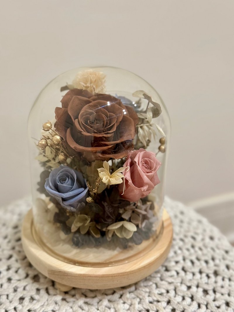 Cocoa Rose Retro Glass Shade Preserved Flower Cup Valentine's Day Gift - ช่อดอกไม้แห้ง - พืช/ดอกไม้ 