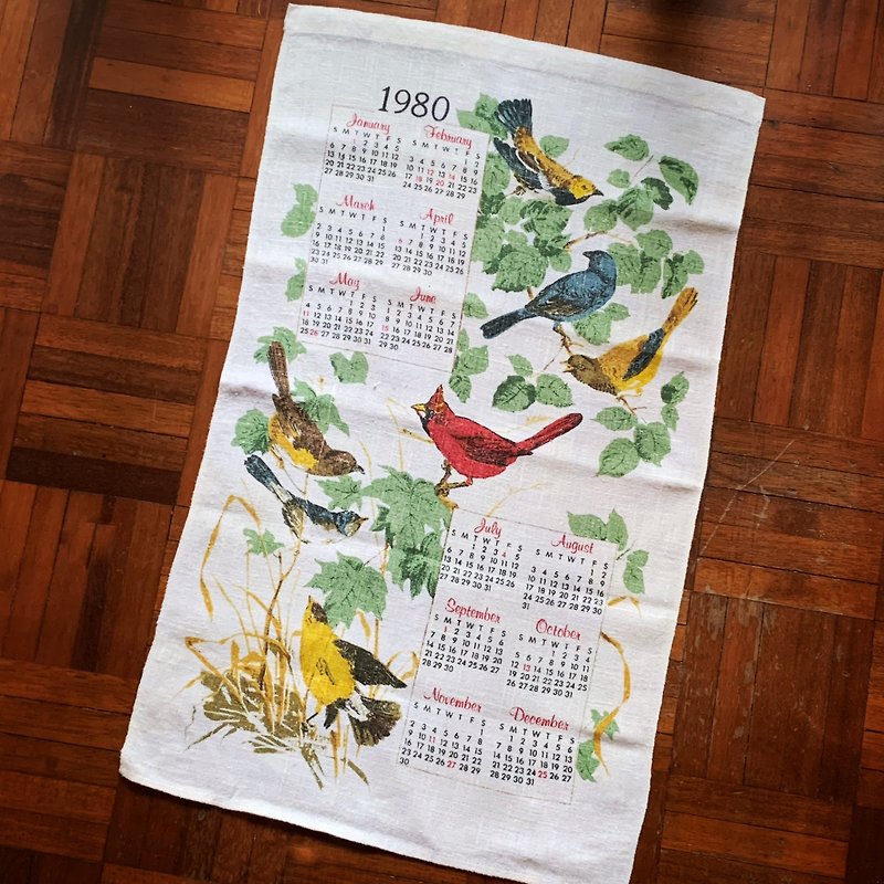 1980 Early American canvas monthly calendar bird - Wall Décor - Cotton & Hemp 