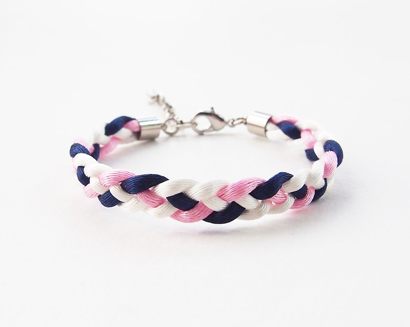 White/navy/pink braided mini bracelet - Bracelets - Other Materials Multicolor