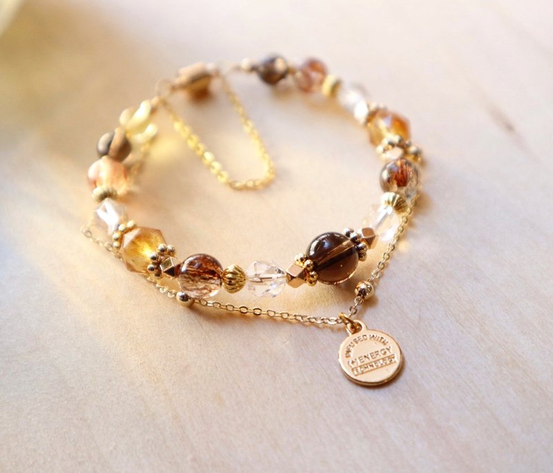 [Golden Luck•Confidence•Calm the Mind]White Quartz | Citrine | Black Gold Super Seven | Citrine | Double Chain Bracelet - Bracelets - Crystal Brown