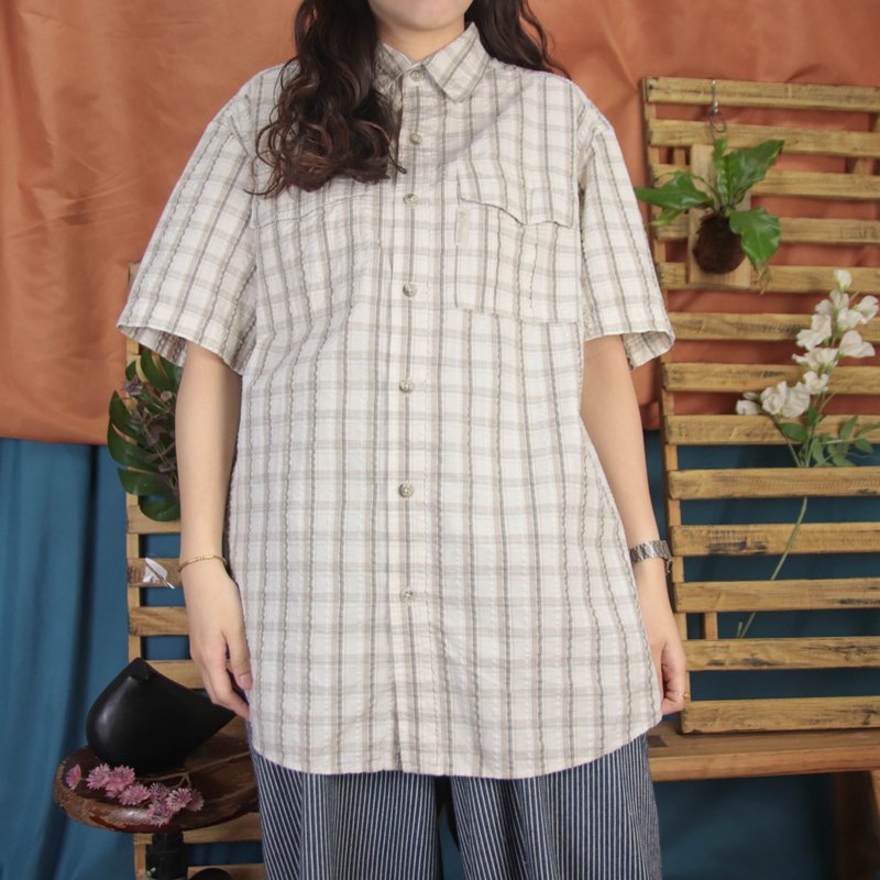 Tsubasa.Y│Columbia古著釣魚襯衫A02 米色 格紋 ,短袖 - 女襯衫 - 其他材質 卡其色