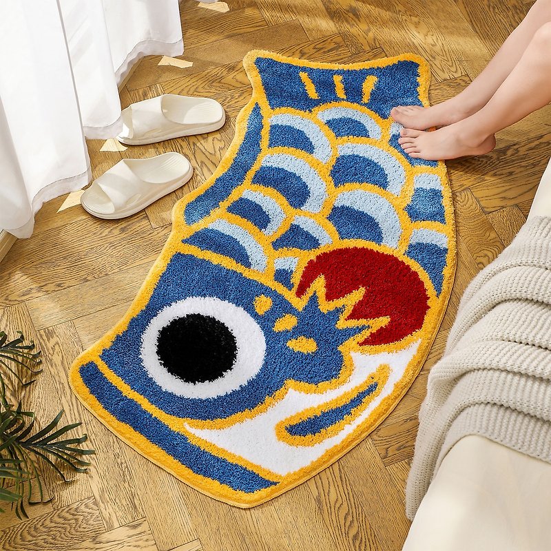 日本の鯉のぼりエクストラロングフロアマット植毛滑り止めフットマット寝室リビングルームベッドサイドフロアマットカーペット - 絨毯・カーペット - ポリエステル ブルー