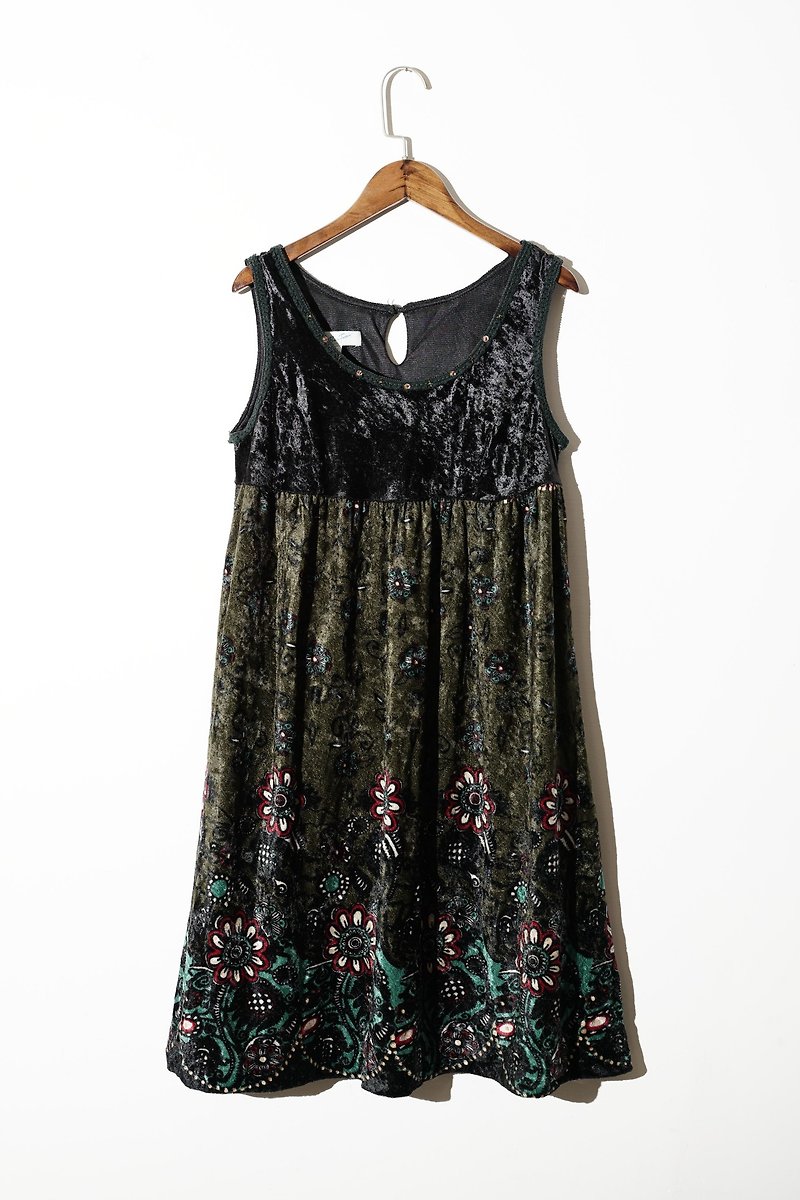 純情百貨行 Vintage 古著 古著洋裝 天鵝絨 花與孔雀綠背心洋裝 - 洋裝/連身裙 - 其他材質 多色