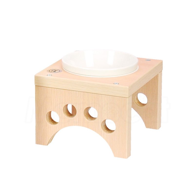 【MOMOCAT】Single mouth small dog and cat dining table natural white oak bowl rack with porcelain bowl - Pet Bowls - Wood 