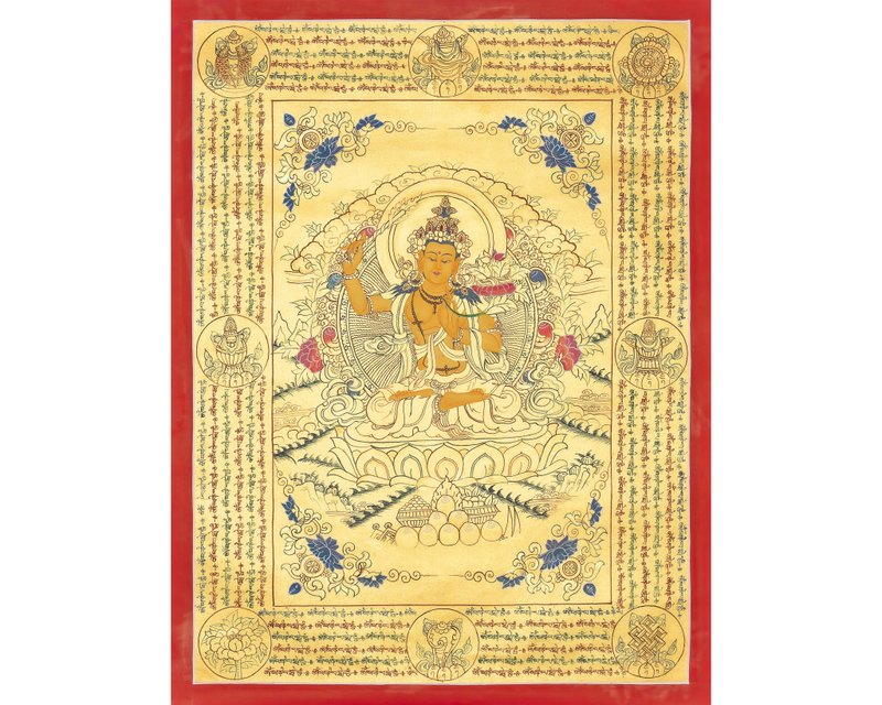 金色文殊師利唐卡 – 傳統西藏智慧本尊藝術 phẩm - 壁貼/牆壁裝飾 - 其他材質 多色