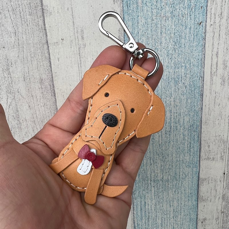 Healing small things handmade leather almond color Labrador hand-sewn keychain small size - Keychains - Genuine Leather Orange