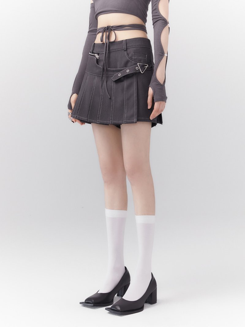 UF9193原創設計cool balletcore春夏灰色兩穿中低腰百褶裙褲 短褲 - 女短褲/五分褲 - 聚酯纖維 灰色