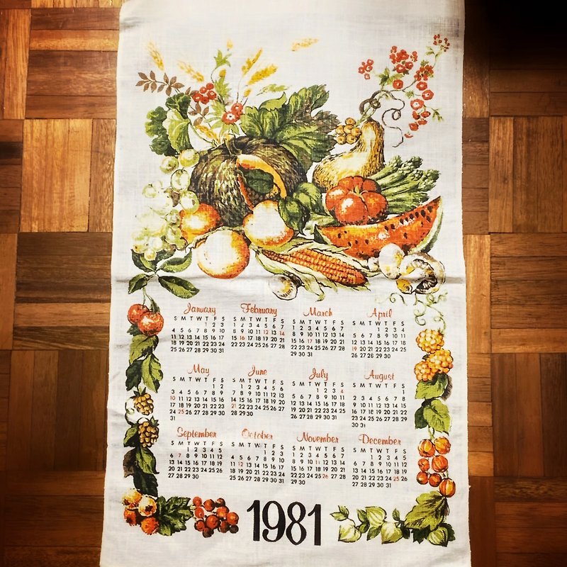 1981年 初期のアメリカ キャンバス カレンダー フルーツ - ウォールデコ・壁紙 - コットン・麻 ホワイト