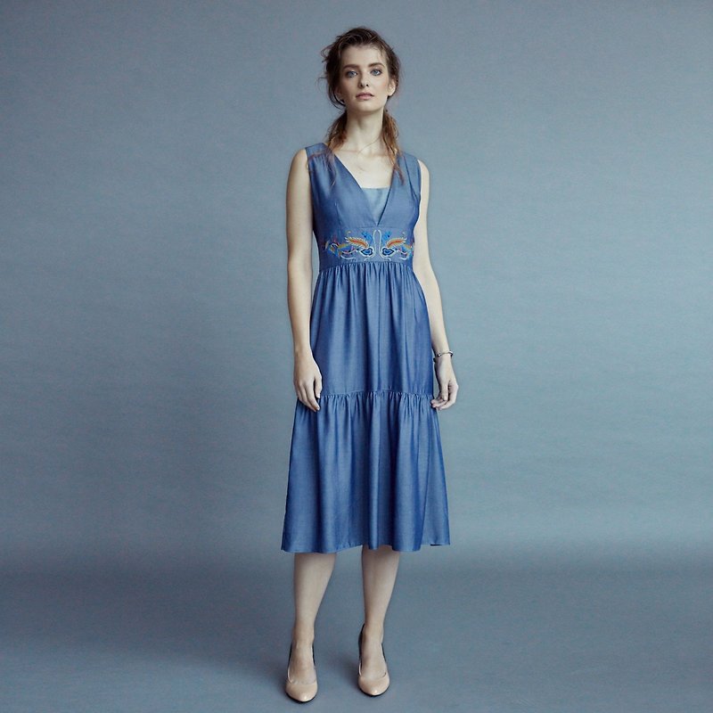 丹寧V領層次洋裝 - 洋裝/連身裙 - 其他金屬 藍色