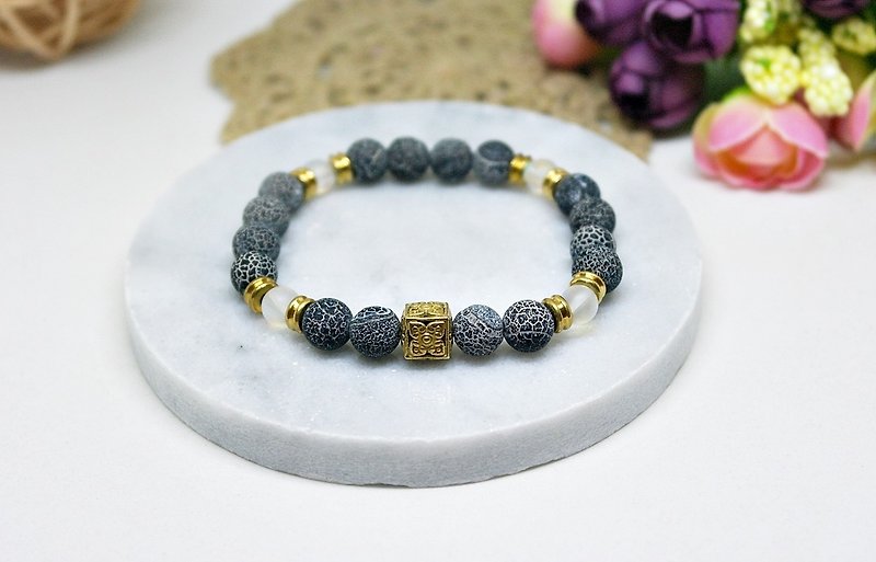 Natural stone elastic bracelet _ x brass black and white sandstone - Bracelets - Gemstone Black