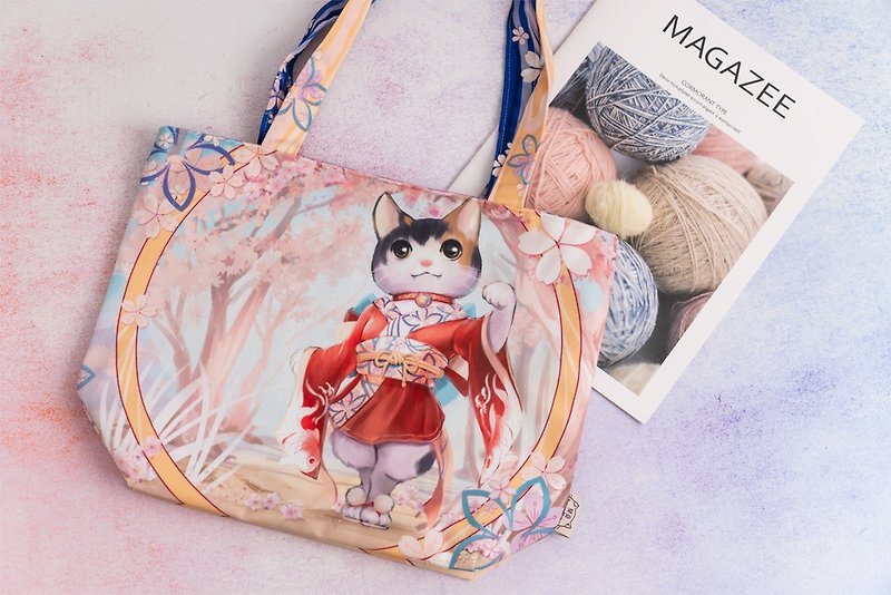 Double-sided Tote Bag Series-Viking Tabby Cat (Gray Tabby) Sakura Japanese Three-Siberian Cat - Handbags & Totes - Polyester 