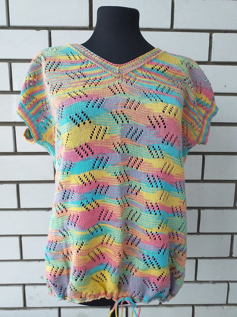 Rainbow Patterned Hand Knitted Cotton Top/Handmade Cotton T-shirt - Women's Tops - Cotton & Hemp Multicolor