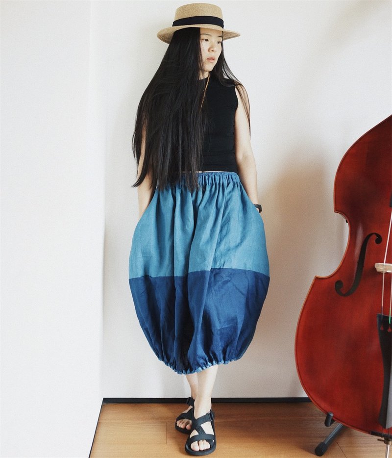 indigo deep and light plant blue dyed ramie flower bud skirt lantern skirt bubble skirt summer skirt - กระโปรง - ผ้าฝ้าย/ผ้าลินิน สีน้ำเงิน