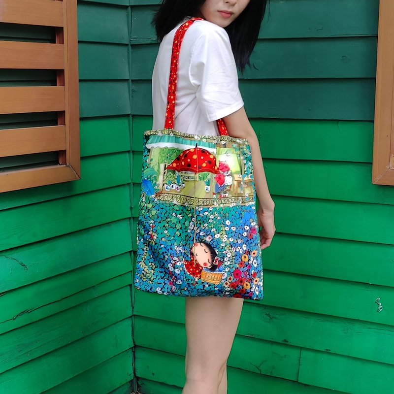 Secret Garden Handprint Canvas tote Bag with zipper/Shopping Tote/ Weekend Bag - กระเป๋าถือ - ผ้าฝ้าย/ผ้าลินิน 