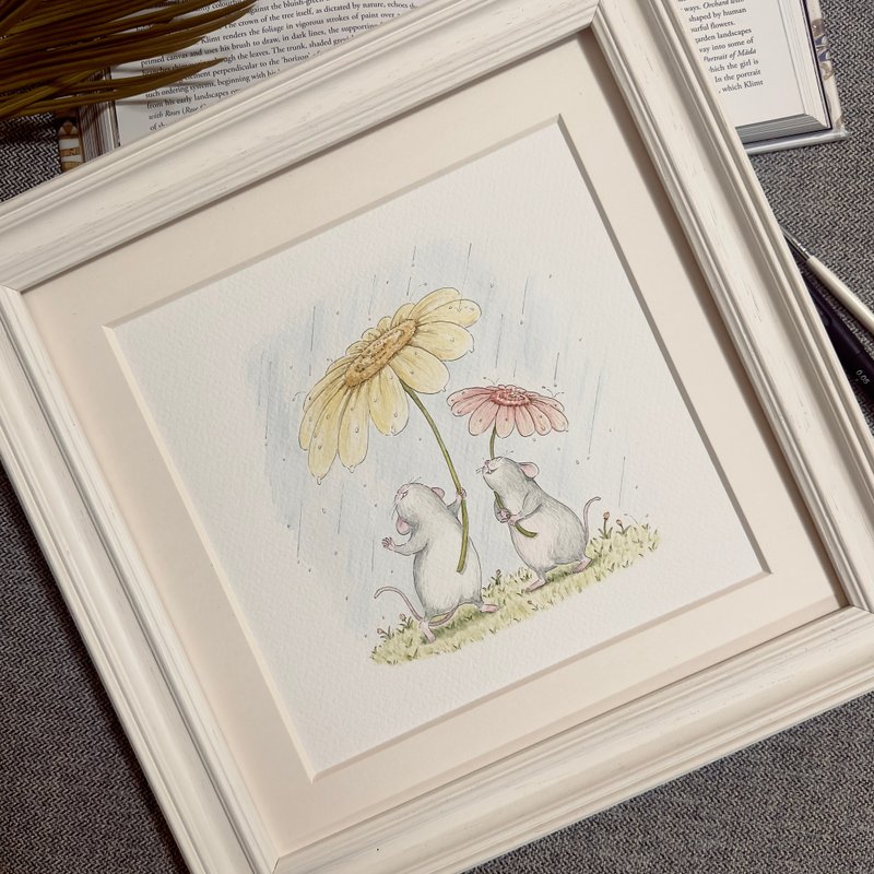 |Watercolor|   Ottilie's original watercolour animal in rain painting with frame - โปสเตอร์ - กระดาษ 