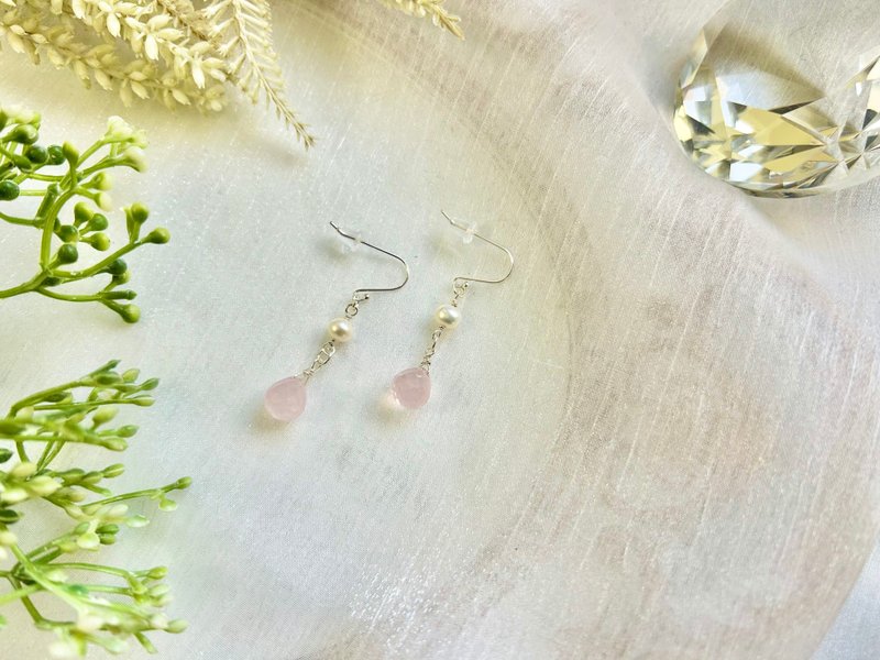 Sterling silver earrings drop-shaped rose quartz earrings high-grade freshwater pearl earrings rose quartz freshwater pearls - Earrings & Clip-ons - Sterling Silver Silver