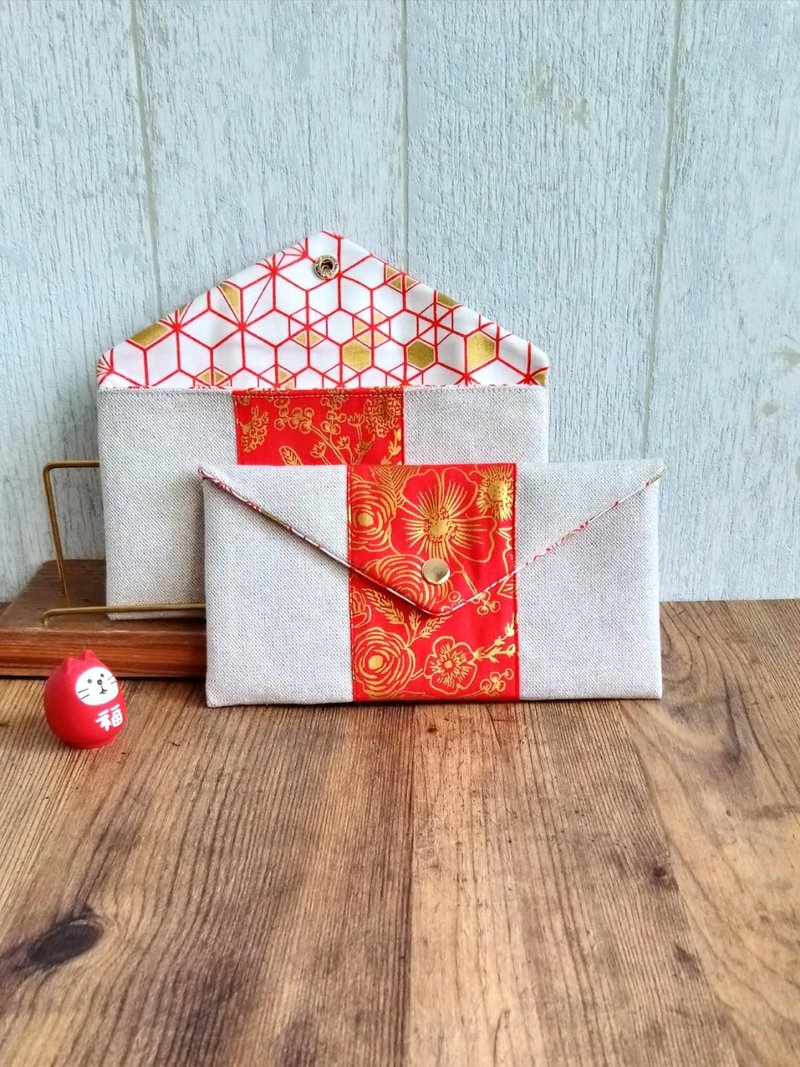 [ENT/Universal red envelope bag] Hot stamping flower handle, orange and Japanese style flower belt with French glitter cloth - Chinese New Year - Cotton & Hemp Red