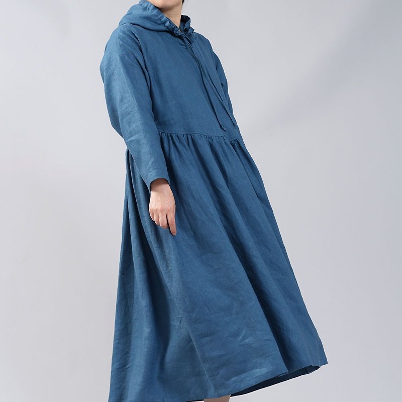 wafu --Midweight Linen Hood Dress / Bleu Passe a018c-bps2 - ชุดเดรส - ลินิน สีน้ำเงิน