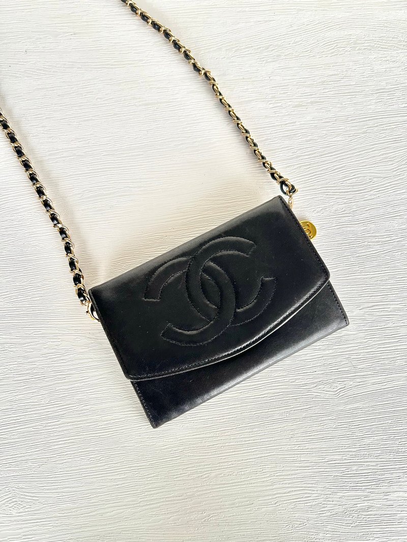 【LA LUNE】Second-hand Chanel black sheep leather cross-body shoulder bag long clip handbag - กระเป๋าแมสเซนเจอร์ - หนังแท้ สีดำ