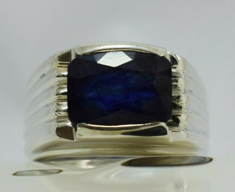 Men's Blue Sapphire Ring Natural Kashmir Sapphire Sterling Silver Handmade Rings - 戒指 - 寶石 藍色