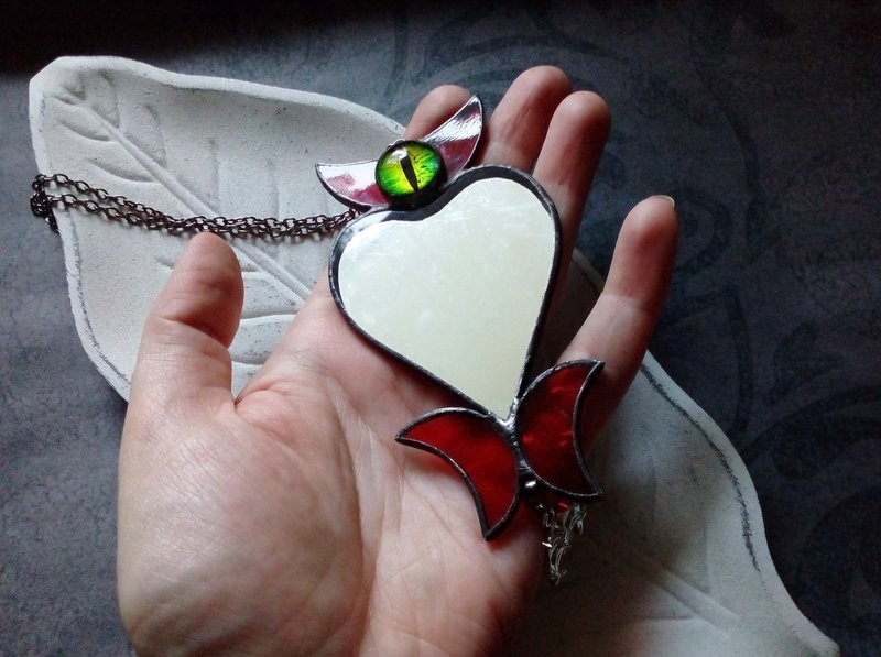 Stained glass scrying mirror necklace. Goth ornate mirror. Heart red mirror. - Other - Glass Red