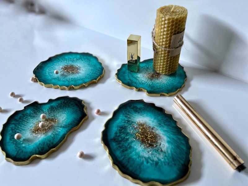 Teal agate coasters set, geode coasters, resin coasters christmas gift, housewar - ที่รองแก้ว - เรซิน สีเขียว