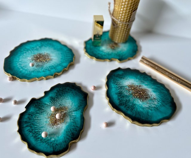 Agate coaster Modern coasters Cute coasters Teal and gold home decor  Wine resin holder Geode coasters resin Resin geode coaster