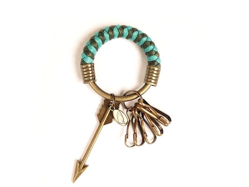 Key ring (small) 5.3CM lake green + dark green + Cupid's sword hand-woven wax rope hoop - Keychains - Other Metals Multicolor