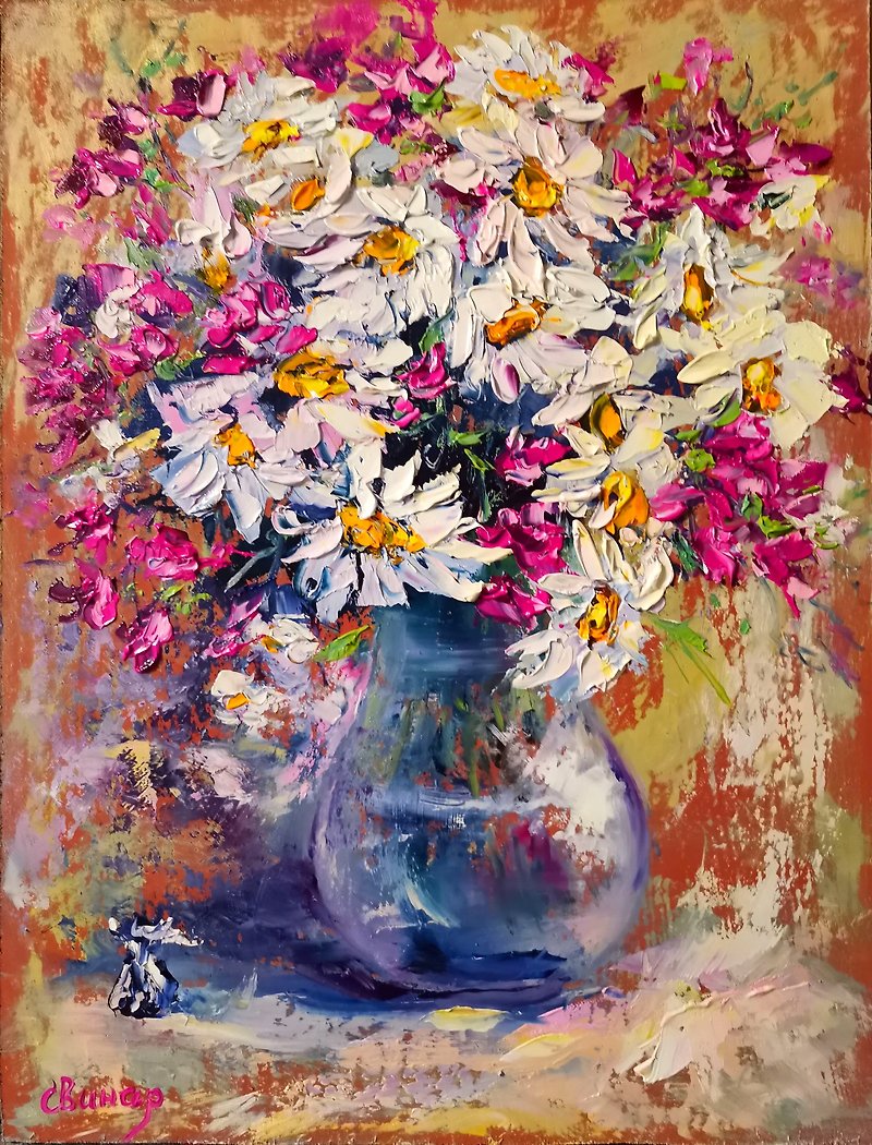 Daisy Glass Vase Candy Oil Painting Flower Impasto Original Artist Svinar Oksana - อื่นๆ - วัสดุอื่นๆ หลากหลายสี