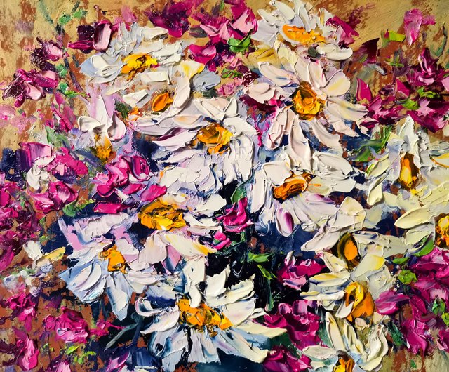 デイジーガラス花瓶キャンディ油絵花インパストオリジナルアーティスト