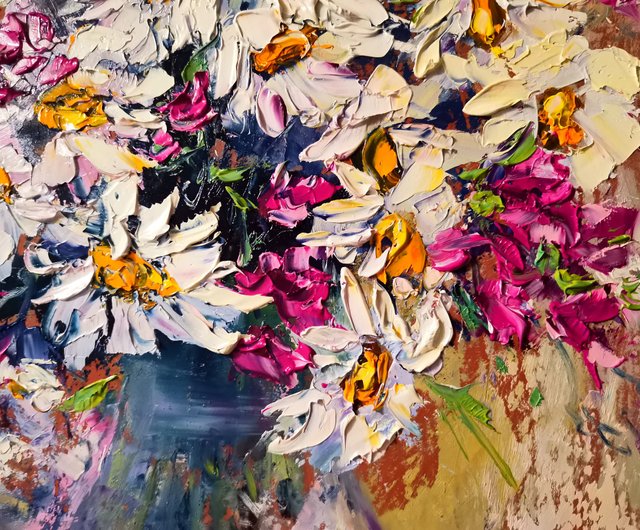 デイジーガラス花瓶キャンディ油絵花インパストオリジナルアーティスト