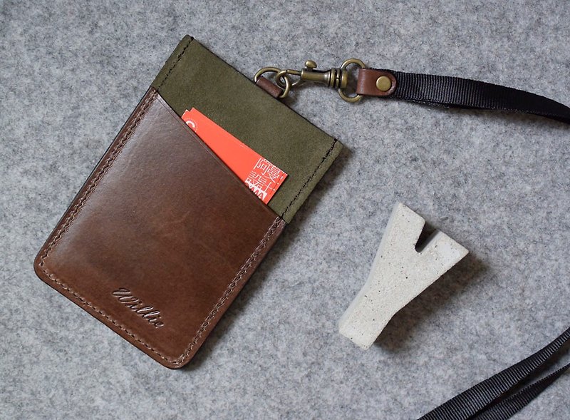Straight ID Holder Upgraded Army Green Suede + Dark Wood Leather - ID & Badge Holders - Genuine Leather 
