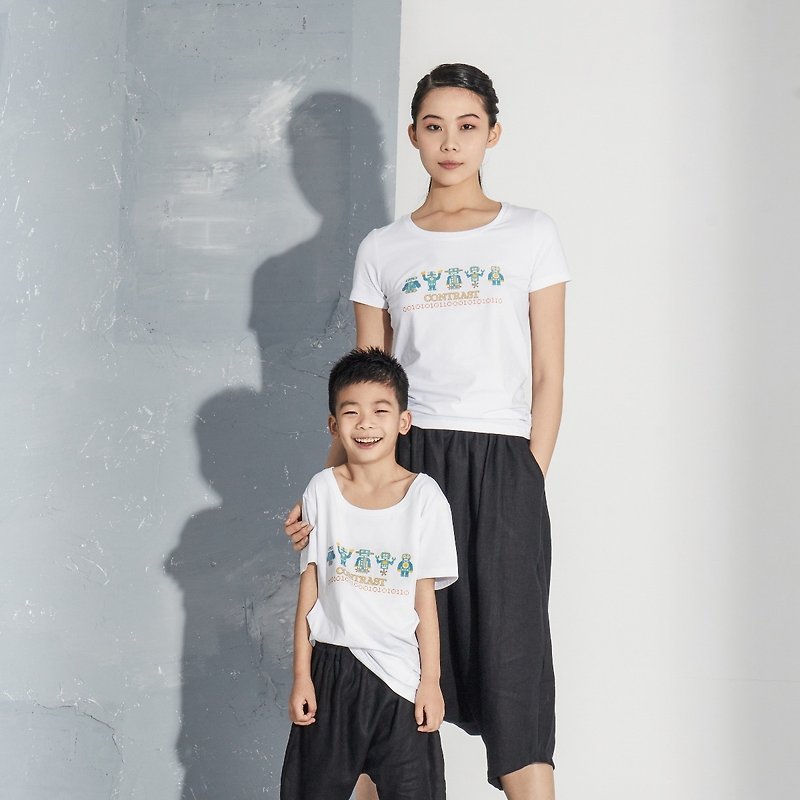 【In stock】"ROBOT" parent-child outfit-child style - Women's T-Shirts - Cotton & Hemp White
