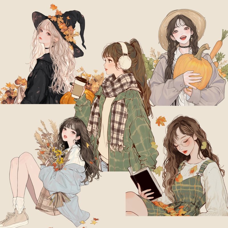 秋季女孩貼紙70張組 拼貼素材 日記 數位手帳必備 - 電子似顏繪/繪畫/插畫 - 其他材質 