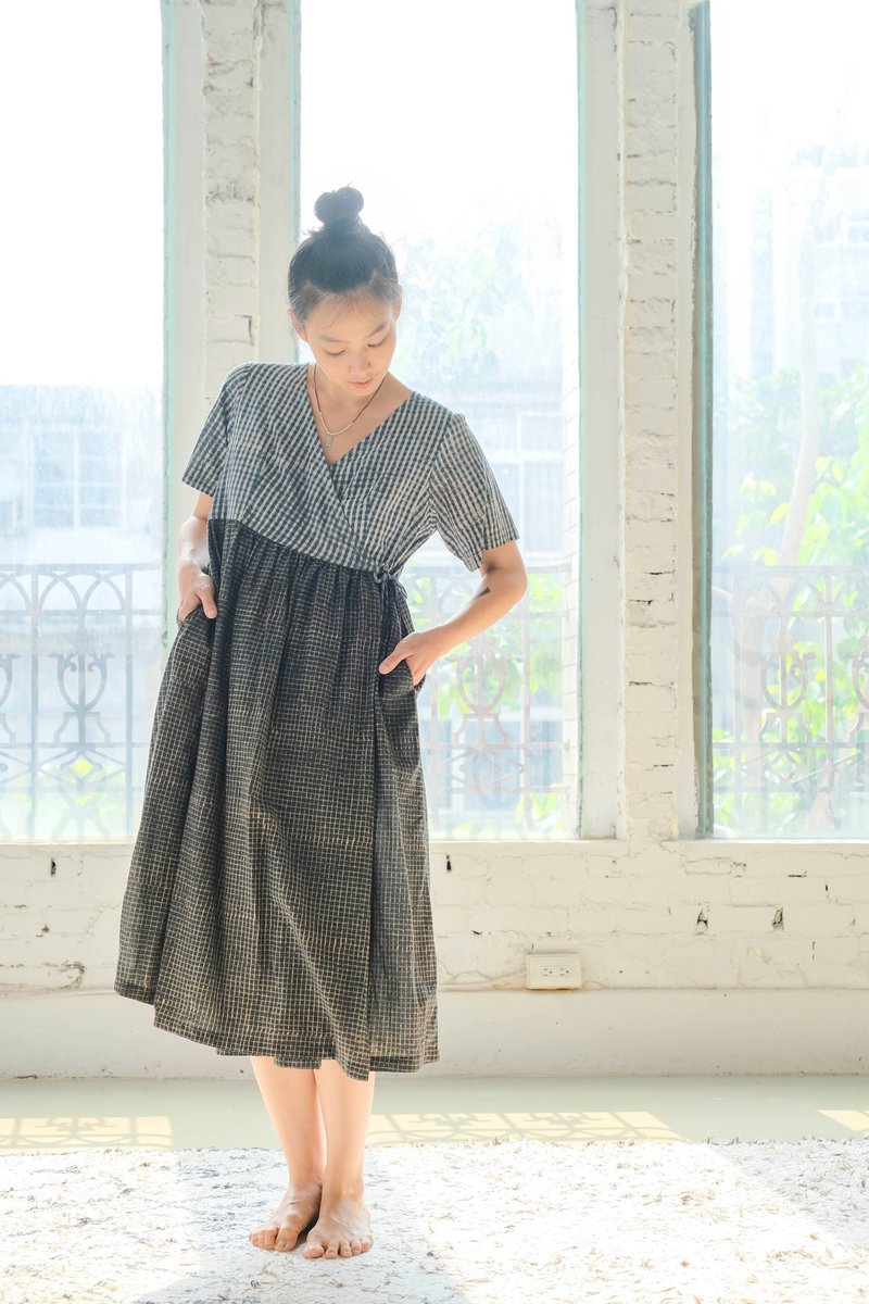 カシュクールワンピース 半袖 B040&045 大きなチェックx 緑 チェック - ワンピース - コットン・麻 