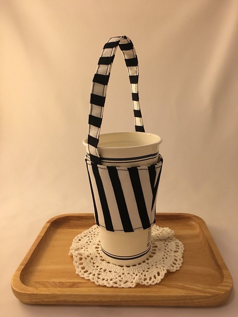 エレガントな黒と白のストライプの袋詰め飲料カップ - ドリンクホルダー - コットン・麻 ブラック