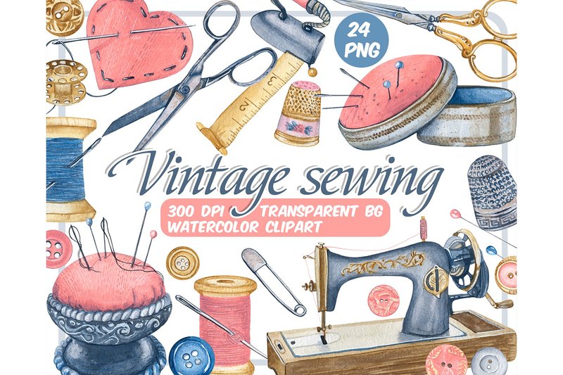 Watercolor sewing clipart set - Vintage needlework png - วาดภาพ/ศิลปะการเขียน - วัสดุอื่นๆ สีน้ำเงิน