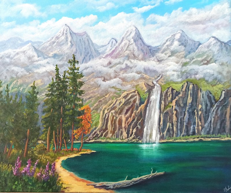 Original Oil Painting on Canvas Mountains Landscape Waterfall Painting 50x60cm - 海報/掛畫/掛布 - 其他材質 
