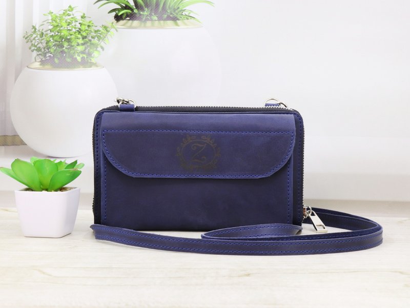 Small Leather Crossbody Bag Wallet/ Womens Shoulder Purse/ Phone Bag with Zipper - Messenger Bags & Sling Bags - Genuine Leather Blue