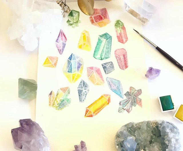 Minerals Watercolor Alphabet Art Print Gemstone Painting Crystal